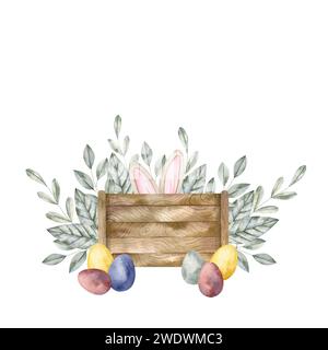 Illustrazione ad acquerello disegnata a mano con scatola di pasqua e orecchie di coniglio. Composizione per decorazioni e souvenir di design, poster, cartoline, stampe. Foto Stock