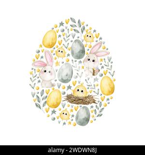 Illustrazione ad acquerello disegnata a mano con uova di pasqua, coniglietto e pollo. Composizione per decorazioni e souvenir di design, poster, cartoline, stampe. Foto Stock