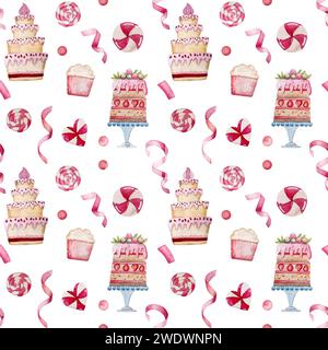 L'illustrazione acquerello disegnato a mano presenta Un motivo senza cuciture per il 14 febbraio con dolci e cuori Foto Stock