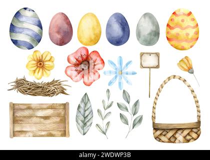 Illustrazione ad acquerello disegnata a mano con scatola di pasqua, cesto, nido, fiori e uova. Un set per decorare e disegnare souvenir, poster, cartoline, Foto Stock