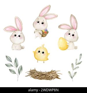 Illustrazione ad acquerello disegnata a mano con coniglietti pasquali, pollo e foglie. Un set per decorare e disegnare souvenir, poster, cartoline, stampe. Foto Stock