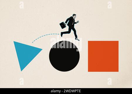 collage 3d modello illustrativo di arte contemporanea di un giovane uomo d'affari con caso diplomatico eseguito con caffè sopra la sfera triangolare e il cubo Foto Stock