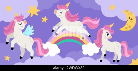 Sfondo vettoriale viola con unicorni, arcobaleno, nuvole, stelle. Scena magica o fantasy. Paesaggio orizzontale da favola per carte, social media po Illustrazione Vettoriale