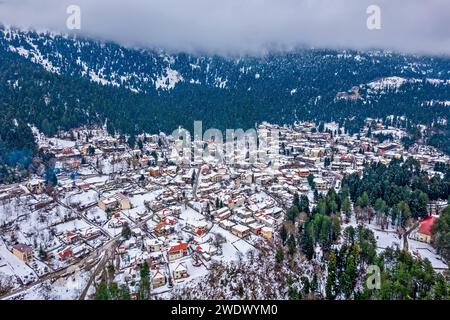 Vista aerea del villaggio di Elati (Trikala, Tessaglia) , una delle località invernali più popolari della Grecia. Foto Stock