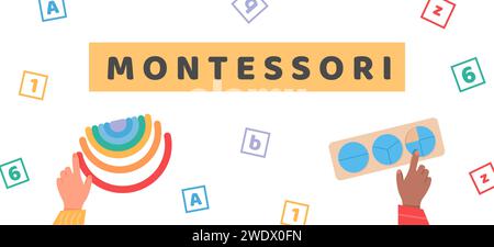 Banner vettoriale per scuola o asilo. Bambini che giocano con giocattoli ecologici in legno. Poster per l'educazione alternativa allo sviluppo precoce. Educatio Illustrazione Vettoriale