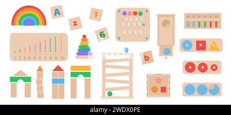 Set vettoriale di giocattoli in stile Montessori. Giochi logici ecologici per bambini in età prescolare. Giochi per lo sviluppo del bambino. Raccolta di educa Illustrazione Vettoriale