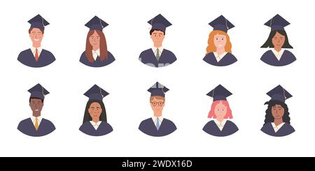 Set Big Vector di avatar per studenti laureati multietnici felici in abito e berretto accademico. Diploma di allievo all'università. Ritratti per album fotografici. Y Illustrazione Vettoriale