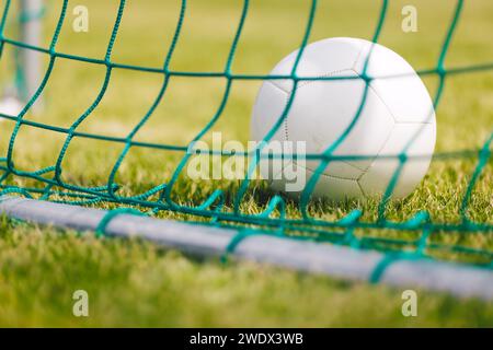 Pallina da calcio classica su un terreno in erba verde sul retro della rete porta Foto Stock