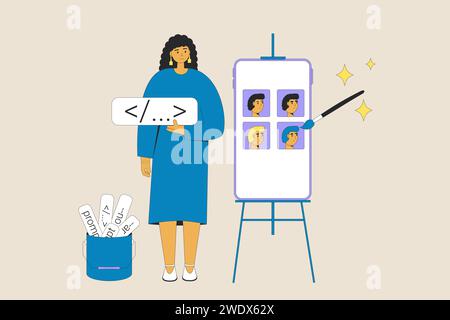 Chiedi al tecnico. L'intelligenza artificiale generale aiuta i progettisti a creare un'immagine. Giovane artista che lavora con l'IA. Donna che usa il comando di testo per il genere Illustrazione Vettoriale