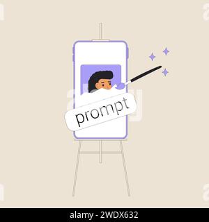 Rete di neuroni. Testo al modello immagine. Progettazione immediata nell'arte visiva. L'intelligenza generale artificiale aiuta a progettare e creare dipinti. Funzionamento wi Illustrazione Vettoriale