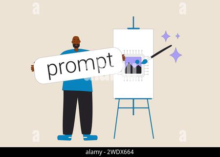 L'intelligenza artificiale generale aiuta i progettisti a creare un'immagine. Richiedi un nuovo percorso professionale. Artista che lavora con l'intelligenza artificiale dell'intelligenza artificiale. Illustrazione Vettoriale