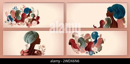 Silhouette di gruppo di donne multiculturali. Giornata internazionale delle donne. Diversità - inclusione - uguaglianza o emancipazione. Contro il razzismo. Modello - banner Illustrazione Vettoriale