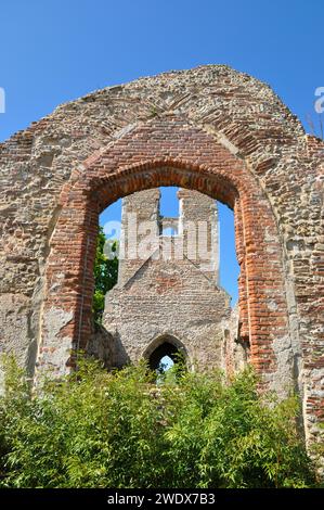 Chiesa di Ognissanti nei terreni all'interno dello zoo di Colchester, Essex, Regno Unito. Ex chiesa parrocchiale del XIII secolo di Great Stanway. Rovine restaurate Foto Stock