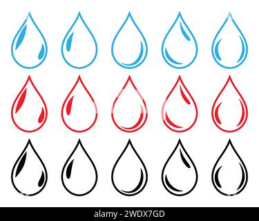 Icona del simbolo dell'acqua, del sangue e della goccia d'olio con contorno blu, rosso e nero. Set di icone lucide per acqua, sangue e gocce di olio isolato su bg bianco. Illustrazione Vettoriale
