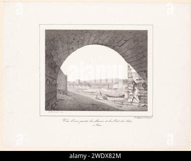 Vista di una parte del Louvre e del Pont des Arts di Parigi, Jean Baptiste Arnout, stampa 1820 la vista del ponte e del museo è disegnata da sotto un altro ponte. Le barche sono ormeggiate sulle rive della Senna. Ponte di carta parigino in città attraverso il fiume, il canale, ecc... palace. Canottaggio, canoa, ecc. Parigi. Palais du Louvre. Pont des Arts Foto Stock