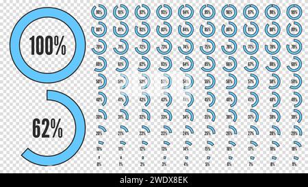 Set di icone per infografica. Raccolta di grandi percentuali per interfaccia utente utente o infografica aziendale. Diagrammi circolari percentuali da 0 a 100. Nero e. Illustrazione Vettoriale