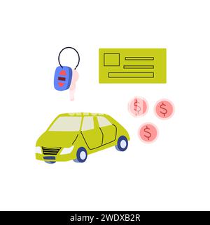 set di auto e chiavi, denaro e carta per il trasporto a noleggio. Illustrazione vettoriale isolata. Servizio di car sharing, noleggio auto, servizio taxi. Illustrazione Vettoriale