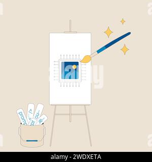 Strumenti tecnici di richiesta testo a immagine. Rete di neuroni nell'arte visiva. Simbolo del chip come un dipinto su cavalletto. L'intelligenza artificiale aiuta a creare dolore Illustrazione Vettoriale