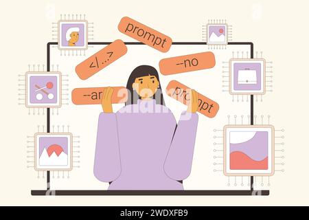 Richiedi lavoro tecnico. L'intelligenza artificiale aiuta i progettisti a creare un'immagine. Giovane artista che lavora con strumenti di intelligenza artificiale. Illustrazione vettoriale Illustrazione Vettoriale