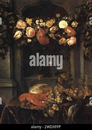 Abraham van Beyeren - Una natura morta con aragosta, fiori, roemer e uva su tavola. Foto Stock