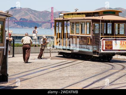 San Francisco, USA - 20 giugno 2008: Il direttore fa girare la funivia sulla piattaforma mobile che la funivia è pronta per la prossima svolta a San Francisco. Foto Stock