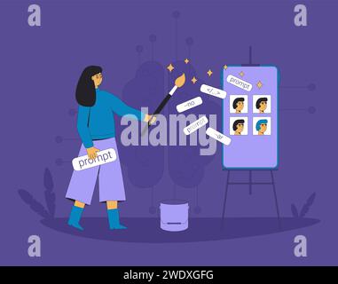 Reti neurali. Progettazione rapida. L'intelligenza artificiale generale aiuta i progettisti a creare un'immagine. Giovane artista che lavora con l'IA. Illust vettoriale Illustrazione Vettoriale