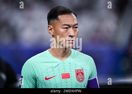 Doha, Qatar, 22 gen 2024, AFC Asian Cup Qatar 2023 gruppo A - Cina 0:1 Qatar, con un gol di Hasaan al Heidos assistito da Akram Afif, il Qatar ha sconfitto la Cina per i margini più stretti per aggiudicarsi il primo posto nel gruppo A, la Cina ha eliminato. Crediti: Runbang Zhu/Alamy Live News Foto Stock