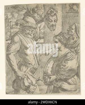Salome e De Beul con la testa di Giovanni Battista, Giuseppe Caletti, 1605 - 1665 stampa Un boia offre a Salome la testa troncata di Giovanni Battista. Salome è pronta con una ciotola. Dietro Salome c'è una vecchia cameriera. Numerato in alto a sinistra: 12. L'incisione di carta italiana a Salome è affidata la testa di Giovanni Battista dal carnefice Foto Stock