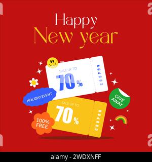 modello banner regalo buoni 3d per l'anno nuovo con sconti fino al 70%, isolato su sfondo rosso. Buono Happy New Year, buono sconto per eventi. Illustrazione vettoriale. Illustrazione vettoriale Illustrazione Vettoriale