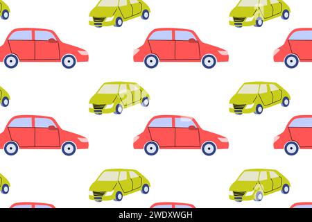Modello infantile per la raccolta delle auto. Vista laterale automatica. Sfondo rosso e verde per auto senza cuciture. Illustrazione vettoriale in stile piatto. Lattina da utilizzare per bambini, tessuto, poster, biglietti d'auguri. Illustrazione Vettoriale