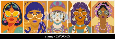 Set di bellissime donne Hippie in stile retrò anni '70. Illustrazione Vettoriale