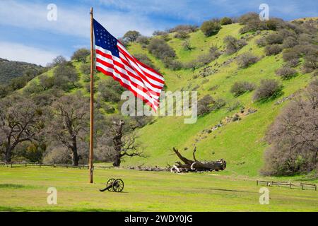 Parata a terra bandiera con il cannone, Fort Tejon State Historic Park, California Foto Stock