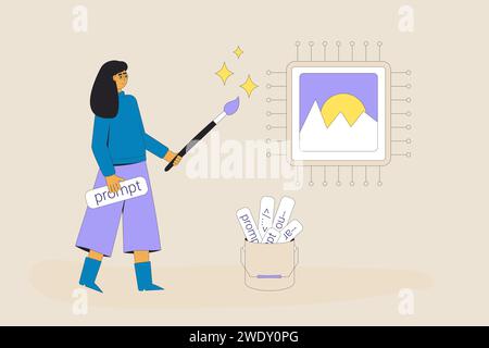L'intelligenza artificiale generale aiuta i progettisti a creare una metafora dell'immagine. Chiedi al tecnico usando il comando di testo. Giovane artista che lavora con l'IA. VECTO Illustrazione Vettoriale