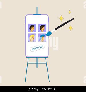 Progettazione richiesta testo a immagine. Rete di neuroni nell'arte visiva. L'intelligenza generale artificiale aiuta a progettare e creare dipinti. Lavorare con AGI Illustrazione Vettoriale