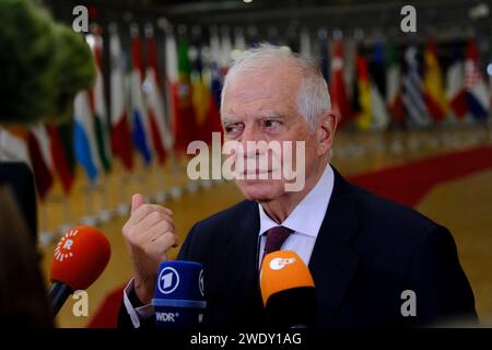 Bruxelles, Belgio. 22 gennaio 2024. Josep BORRELL FONTELLES arriva per una riunione del Consiglio affari esteri (FAC) presso la sede dell'UE a Bruxelles, in Belgio, il 22 gennaio 2024 credito: ALEXANDROS MICHAILIDIS/Alamy Live News Foto Stock