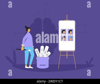 Modelli text-to-image e progettazione rapida. L'intelligenza artificiale aiuta i progettisti a creare immagini simili. Giovane donna che lavora con l'IA. Vettore Illustrazione Vettoriale