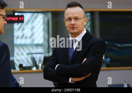 Bruxelles, Belgio. 22 gennaio 2024. Peter Szijjarto, ministro degli Esteri arriva per una riunione del Consiglio affari Esteri (FAC) presso la sede dell'UE a Bruxelles, in Belgio il 22 gennaio 2024 credito: ALEXANDROS MICHAILIDIS/Alamy Live News Foto Stock