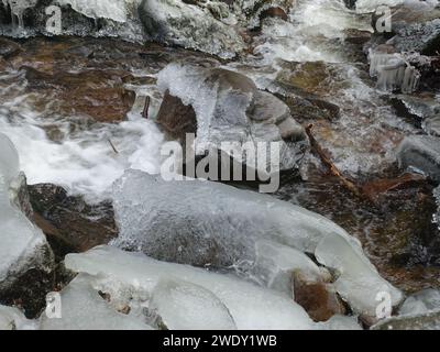 Ghiaccio su rocce e acqua che scorre da terreni innevati Foto Stock