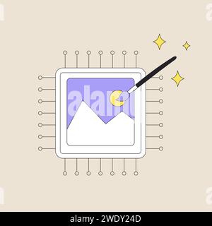 Chip con immagine e pennello. Progettazione richiesta testo a immagine. Rete di neuroni nell'arte visiva. L'intelligenza artificiale aiuta a progettare e creare dipinti Illustrazione Vettoriale