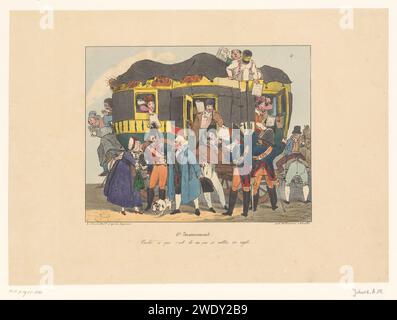 I soldati chiedono ai passeggeri dei documenti ufficiali, Joseph Ambroise Jobard, dopo August Xavier Leprince, dopo il 1826 stampare Utrecht paper Diligence, omnibus, tram a cavallo. trasporto passeggeri. "in viaggio", viaggiatore in corso. controllo, investigazione  dogana Foto Stock