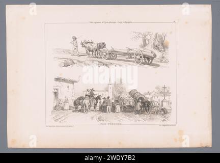 Due tronchi d'albero per il trasporto di buoi e piazza del villaggio con carri coperti, cavalli e figure, Fortuné Férogio, 1839 - 1845 stampa parte di una copertina con cinque stampe. Alberi di carta di Parigi (+ stelo, tronco). veicolo a quattro ruote trainato da due animali. ox. piazza del villaggio, luogo. carro coperto, carro con cappuccio Foto Stock