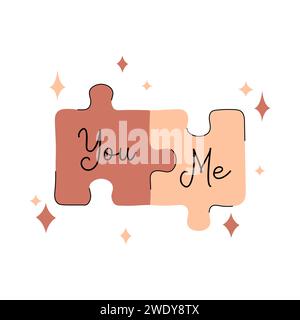 Io e te illustrazioni vettoriali per San Valentino, matrimonio, disegni di appuntamenti. Simpatici pezzi di puzzle con elementi di doodle. Relazione romantica di coppia Illustrazione Vettoriale