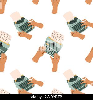 scrittura a mano umana su scrittura a macchina, sfondo autore. Illustrazione vettoriale isolata. Motivo cartoni animati senza cuciture con le mani sulla vecchia macchina da scrivere, sfondo vintage. Illustrazione Vettoriale