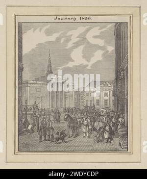 Desiderio di Capodanno da parte degli uomini di Amsterdam Askarren per l'anno 1850, Antonie Vink Tollenaar, dopo Jan David Huijer, 1850 - 1852 stampa veduta della diga ad Amsterdam con la mostra Zocher and Commandantshuis. Tra il pubblico i collezionisti di rifiuti con il loro carrello. Quadratino, posto, circo, ecc. per la stampa di carta da lettera olandese. Diga Garbage Collection. Beurs van Zocher. Casa di comando Foto Stock