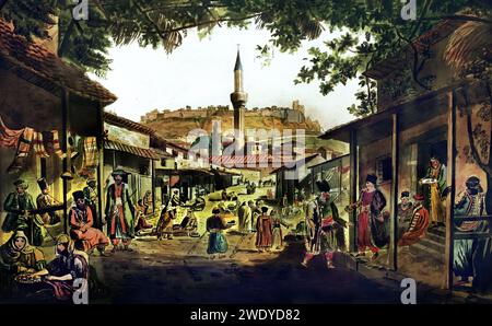 Il Bazar superiore di Atene di Edward Dodwell (1767-1832): Inizi del XIX secolo c. acquerello raffigurante il Bazar ad Atene, sulla strada che esiste ancora di fronte alla Biblioteca di Adriano. Museo Benaki Atene Grecia. Foto Stock