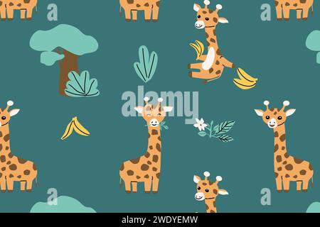 animali da cartoni animati giraffa e albero, motivo senza cuciture. Illustrazione vettoriale Illustrazione Vettoriale