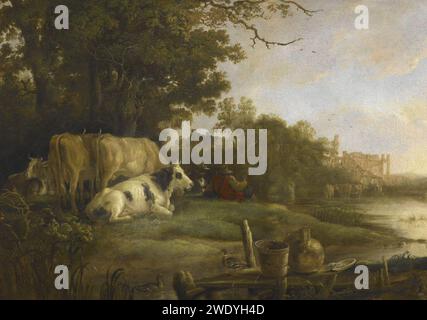 Aelbert Cuyp (Dordrecht 1620-Dordrecht 1691) - mucche in un pascolo accanto a un fiume prima delle rovine dell'Abbazia di Rijnsburg Foto Stock