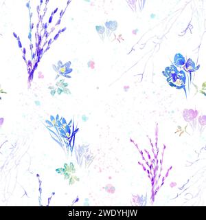 Motivo domenica delle palme. Tema primaverile. Crocchi, rami di salice, foglie, schizzi su sfondo bianco. Sembra bello per il textyle e gli asciugamani da cucina. avvolgimento Foto Stock
