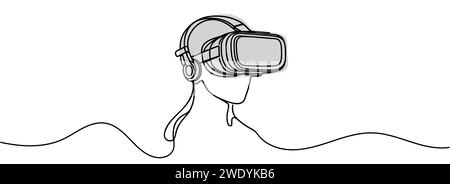 Uomo che indossa occhiali per realtà virtuale. Una linea continua Illustrazione Vettoriale