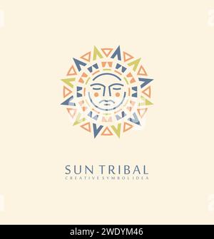 Simbolo del sole in stile medievale o modello di logo. Illustrazione del vettore tribale Sun. Illustrazione Vettoriale